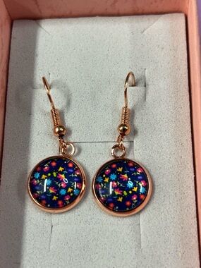 Rose Gold Round Dangle Earrings with Multicolor Star Pattern new handmade